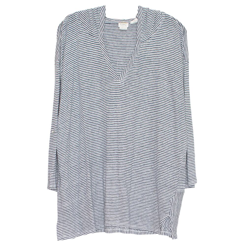 Linen Hoodie Striped 3/4 Sleeve Gray Blue Coastal Beach Nautical Plus Size 2X